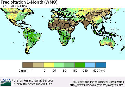 World Precipitation 1-Month (WMO) Thematic Map For 2/1/2023 - 2/28/2023