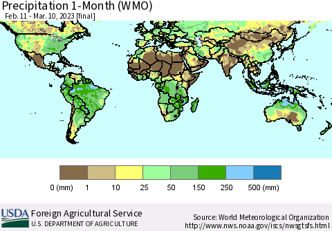 World Precipitation 1-Month (WMO) Thematic Map For 2/11/2023 - 3/10/2023