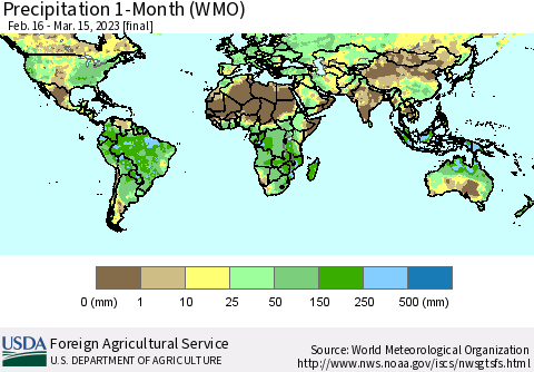 World Precipitation 1-Month (WMO) Thematic Map For 2/16/2023 - 3/15/2023