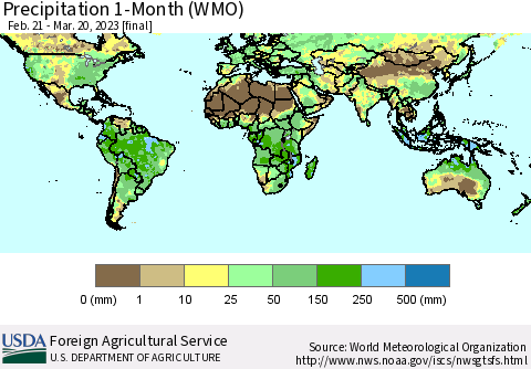 World Precipitation 1-Month (WMO) Thematic Map For 2/21/2023 - 3/20/2023