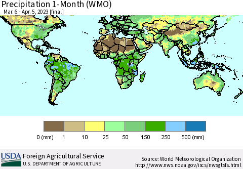 World Precipitation 1-Month (WMO) Thematic Map For 3/6/2023 - 4/5/2023