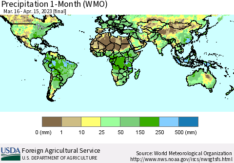 World Precipitation 1-Month (WMO) Thematic Map For 3/16/2023 - 4/15/2023