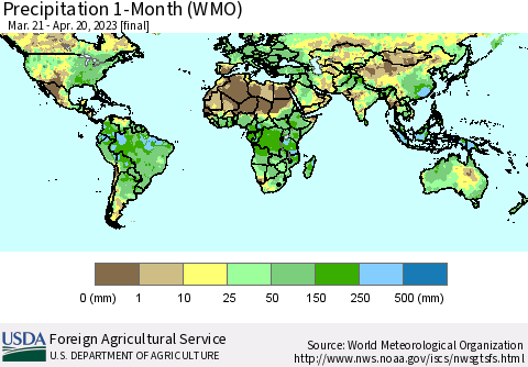 World Precipitation 1-Month (WMO) Thematic Map For 3/21/2023 - 4/20/2023