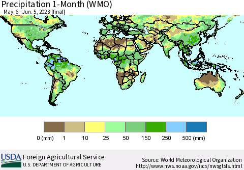 World Precipitation 1-Month (WMO) Thematic Map For 5/6/2023 - 6/5/2023