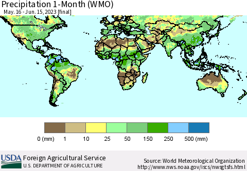 World Precipitation 1-Month (WMO) Thematic Map For 5/16/2023 - 6/15/2023