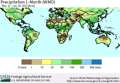 World Precipitation 1-Month (WMO) Thematic Map For 5/21/2023 - 6/20/2023