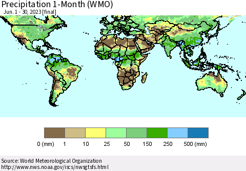 World Precipitation 1-Month (WMO) Thematic Map For 6/1/2023 - 6/30/2023