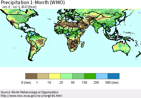 World Precipitation 1-Month (WMO) Thematic Map For 6/6/2023 - 7/5/2023