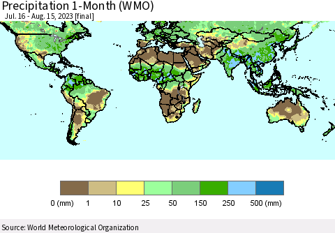 World Precipitation 1-Month (WMO) Thematic Map For 7/16/2023 - 8/15/2023