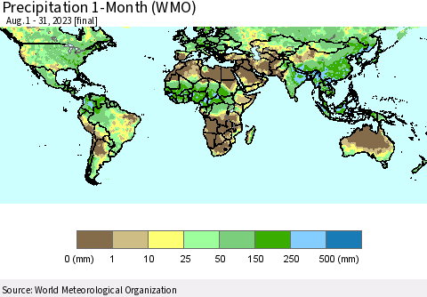 World Precipitation 1-Month (WMO) Thematic Map For 8/1/2023 - 8/31/2023