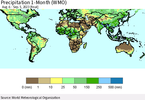 World Precipitation 1-Month (WMO) Thematic Map For 8/6/2023 - 9/5/2023