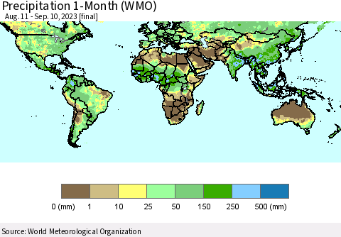 World Precipitation 1-Month (WMO) Thematic Map For 8/11/2023 - 9/10/2023