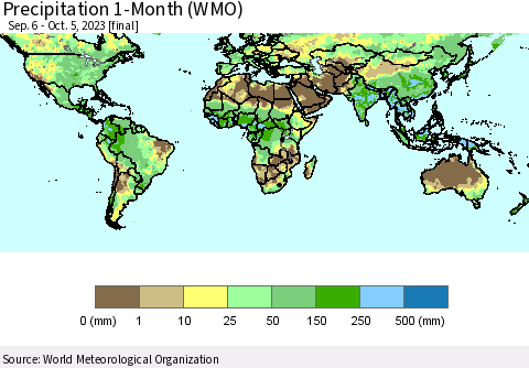 World Precipitation 1-Month (WMO) Thematic Map For 9/6/2023 - 10/5/2023