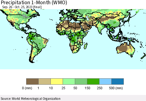 World Precipitation 1-Month (WMO) Thematic Map For 9/26/2023 - 10/25/2023