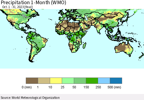 World Precipitation 1-Month (WMO) Thematic Map For 10/1/2023 - 10/31/2023