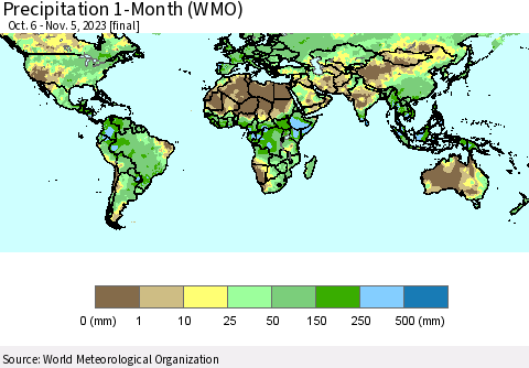 World Precipitation 1-Month (WMO) Thematic Map For 10/6/2023 - 11/5/2023