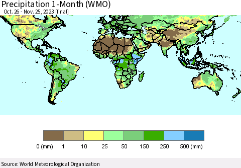 World Precipitation 1-Month (WMO) Thematic Map For 10/26/2023 - 11/25/2023