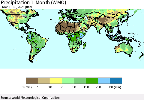 World Precipitation 1-Month (WMO) Thematic Map For 11/1/2023 - 11/30/2023