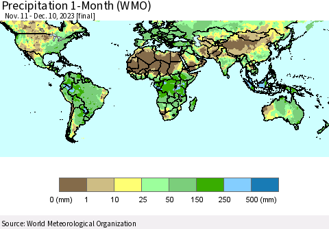 World Precipitation 1-Month (WMO) Thematic Map For 11/11/2023 - 12/10/2023
