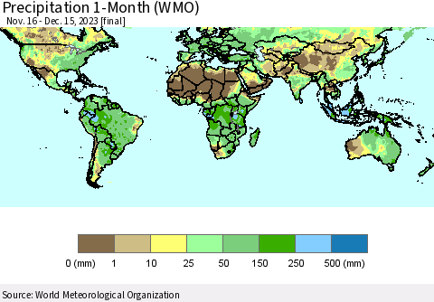 World Precipitation 1-Month (WMO) Thematic Map For 11/16/2023 - 12/15/2023