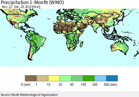 World Precipitation 1-Month (WMO) Thematic Map For 11/21/2023 - 12/20/2023