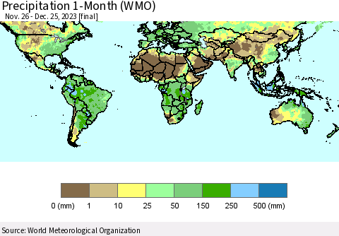 World Precipitation 1-Month (WMO) Thematic Map For 11/26/2023 - 12/25/2023