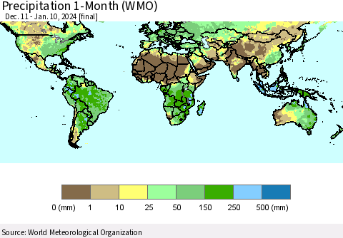World Precipitation 1-Month (WMO) Thematic Map For 12/11/2023 - 1/10/2024