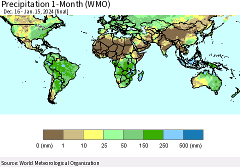 World Precipitation 1-Month (WMO) Thematic Map For 12/16/2023 - 1/15/2024