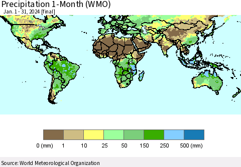 World Precipitation 1-Month (WMO) Thematic Map For 1/1/2024 - 1/31/2024