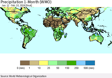 World Precipitation 1-Month (WMO) Thematic Map For 1/11/2024 - 2/10/2024