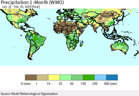 World Precipitation 1-Month (WMO) Thematic Map For 1/21/2024 - 2/20/2024