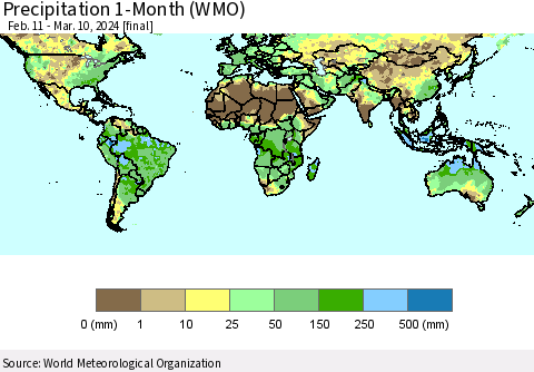 World Precipitation 1-Month (WMO) Thematic Map For 2/11/2024 - 3/10/2024
