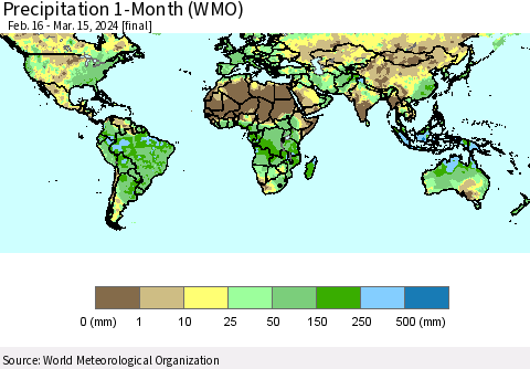 World Precipitation 1-Month (WMO) Thematic Map For 2/16/2024 - 3/15/2024