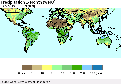 World Precipitation 1-Month (WMO) Thematic Map For 2/26/2024 - 3/25/2024
