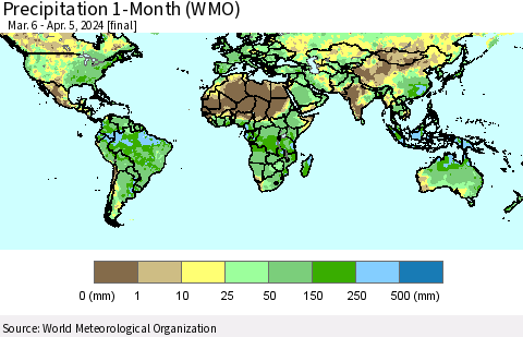 World Precipitation 1-Month (WMO) Thematic Map For 3/6/2024 - 4/5/2024