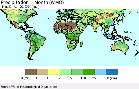 World Precipitation 1-Month (WMO) Thematic Map For 3/21/2024 - 4/20/2024