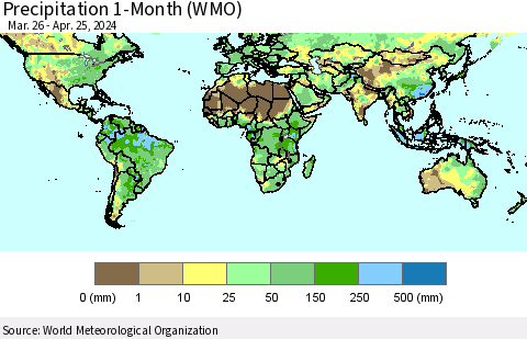 World Precipitation 1-Month (WMO) Thematic Map For 3/26/2024 - 4/25/2024
