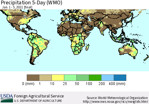 World Precipitation 5-Day (WMO) Thematic Map For 1/1/2021 - 1/5/2021