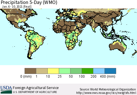 World Precipitation 5-Day (WMO) Thematic Map For 1/6/2021 - 1/10/2021