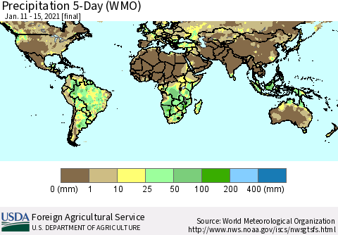 World Precipitation 5-Day (WMO) Thematic Map For 1/11/2021 - 1/15/2021