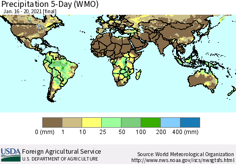 World Precipitation 5-Day (WMO) Thematic Map For 1/16/2021 - 1/20/2021