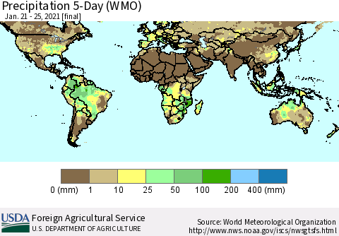 World Precipitation 5-Day (WMO) Thematic Map For 1/21/2021 - 1/25/2021
