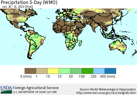 World Precipitation 5-Day (WMO) Thematic Map For 1/26/2021 - 1/31/2021