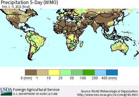 World Precipitation 5-Day (WMO) Thematic Map For 2/1/2021 - 2/5/2021