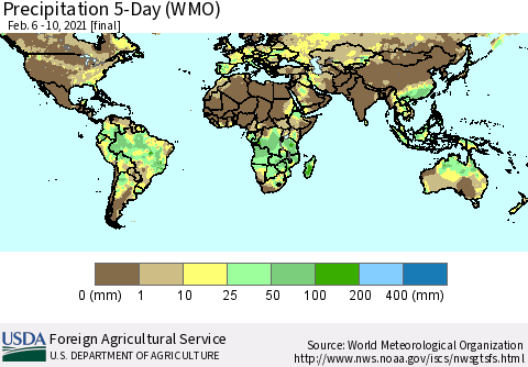 World Precipitation 5-Day (WMO) Thematic Map For 2/6/2021 - 2/10/2021