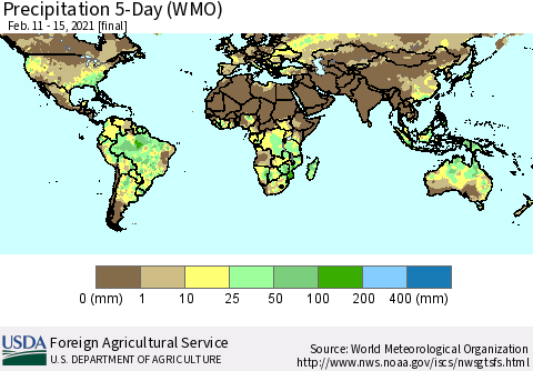 World Precipitation 5-Day (WMO) Thematic Map For 2/11/2021 - 2/15/2021