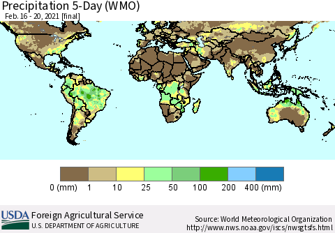 World Precipitation 5-Day (WMO) Thematic Map For 2/16/2021 - 2/20/2021