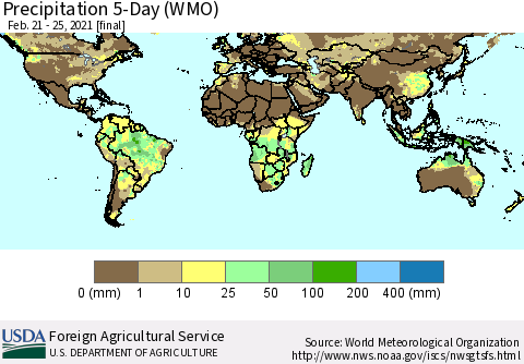 World Precipitation 5-Day (WMO) Thematic Map For 2/21/2021 - 2/25/2021