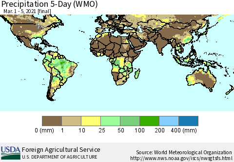 World Precipitation 5-Day (WMO) Thematic Map For 3/1/2021 - 3/5/2021