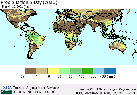 World Precipitation 5-Day (WMO) Thematic Map For 3/6/2021 - 3/10/2021